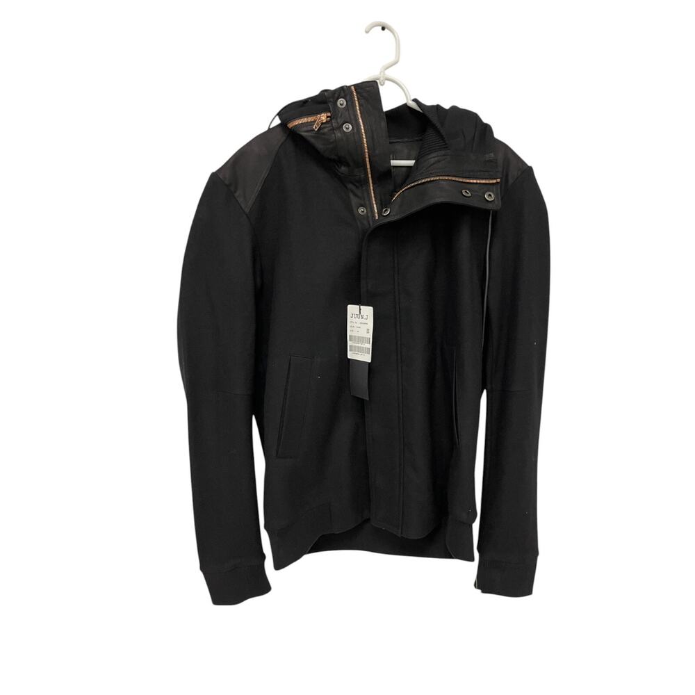 Juun J Hooded Traffic Jacket Mens Size 54 Black Wool Snap Zip Lined NWT